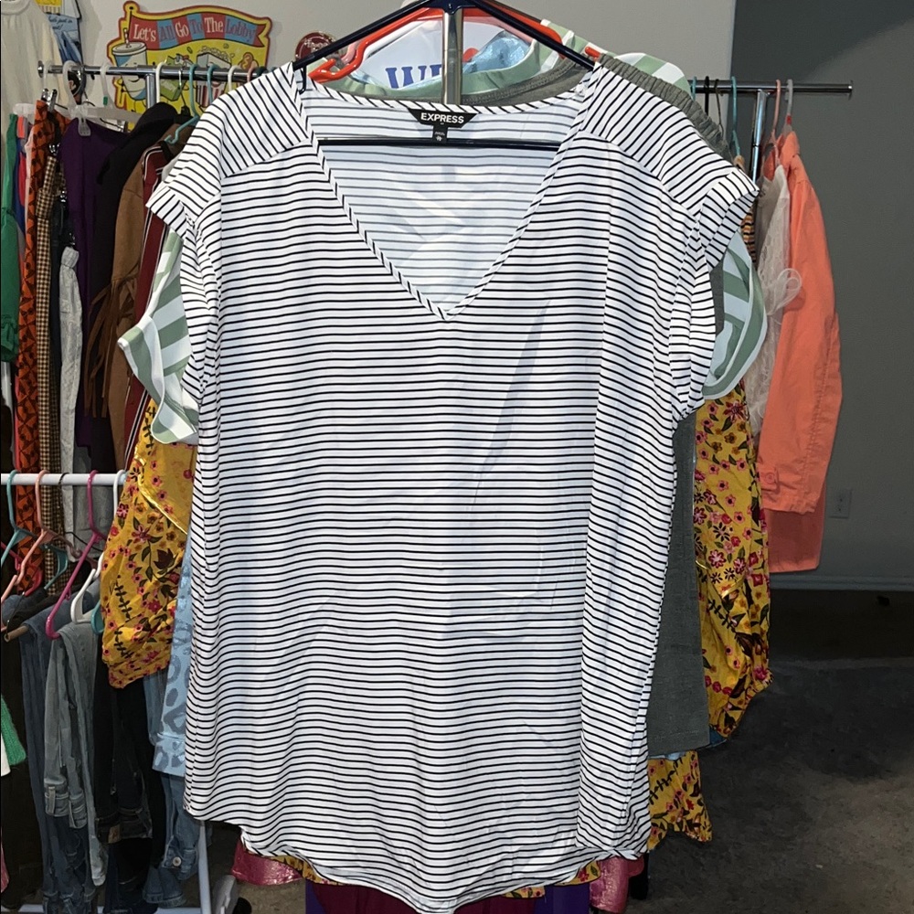 Express Black and White Striped V-Neck Tee